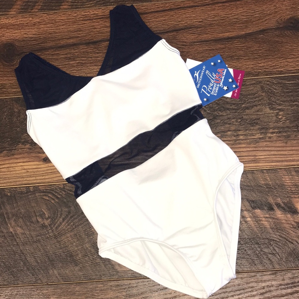 White and Navy mesh dance leotard